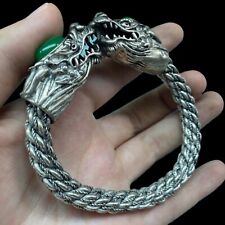 BRACELET ANCIEN EN ARGENT DRAGON TORSADÉ VIKING AVEC PIERRE DE JADE
