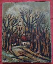 Extraordinaire huile par Henri D'Anty 1910-1998 " maison parmi les arbres  "