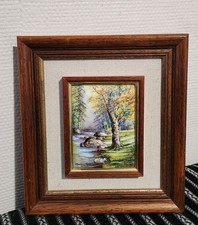 Émail de Limoges signé L. Moreau-Pénicaud Paysage Cadre Bois Vintage 22x24 Déco 