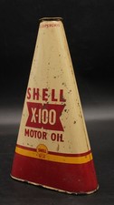 Ancien Tres Rare Bidon Italien Boite Triangle Huile Shell X-100 Motor Oil Tin