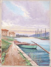 Scène De Rivière Bateau De Pêche Aquarelle Dessin 1900
