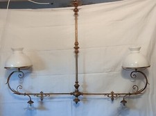 Ancienne Grande Suspension Lustre De Billard/Laiton Verre Opaline/Bar Ancien