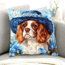 Housse de coussin CHIEN AU CHAPEAU BLEU ELEGANT 45 cm Chien humanisé
