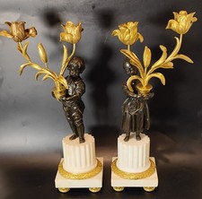 Paire CHANDELIERS CANDELABRES BOUGEOIRS BRONZE MARBRE 19 eme SIECLE  French 