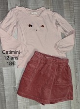CATIMINI 12 ANS FILLE : T SHIRT Rose Visage ET JUPE Short Velours TBE
