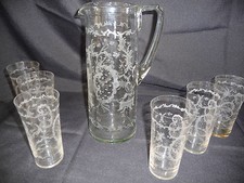 Service à orangeade/eau pichet et gobelets/verres cristal gravé chasse chevreuil