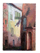 Ancien tableau impressionniste  paysage rue de village en été  balcon  hst