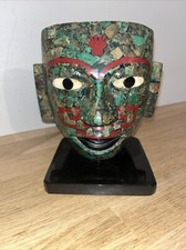 Masque Mortuaire Maya Pierre Obsidienne Et Incrustation Turquoises Sur Socle