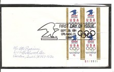 US SC # 2539 Eagle & Olympic Rings FDC. BLK4 Ready For Cachet