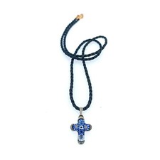 Collier Vintage Croix Murano Verre bleu Artisanal & Argent Bijou spirituel 90s
