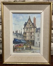 Huile sur panneau 1921 La maison d'Adam et son marché aux fleurs Angers signée