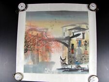 Old Chinese Japanese Hanging Watercolour Scroll Landscape house and boats signed
