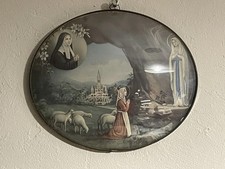 CADRE OVALE EN VERRE BOMBÉ ANCIEN RETRO DECOR LOURDES VIERGE NONNE CATHEDRALE