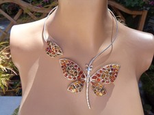 ARGENT 925 - TRÈS RARE ET SUPERBE COLLIER PAPILLON SERTI D'AMBRE DE LA BALTIQUE