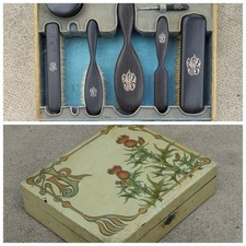 ancien coffret nécessaire toilette chaussures DUPONT art nouveau chardon peint