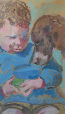 LA GRENOUILLE enfant chien signé CAILLOTIN tableau peinture vintage antique 1