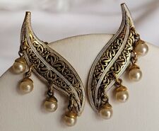 BIJOUX VINTAGE BOUCLES D'OREILLES CLIPS FEUILLES OR DE TOLÈDE PERLES ## A5