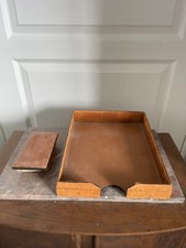 Nécessaire Bureau Corbeille Range Courrier Cuir Marron Tampon Buvard Carnet