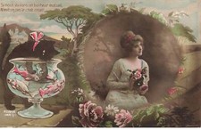 CHATS #MK39818 CHAT NOIR POISSONS DANS UN BOCAL FEMME FLEURS PHOTOMONTAGE