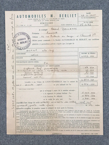 Bon commande camion berliet - bon,
