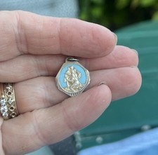 Antique Saint Christopher Medal French Brass Light Blue Enamel charm Pendant ¾”