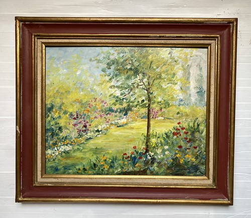 Paysage jardin fleurs signé - fleurs,