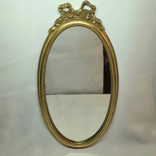 02L15 ANCIEN MIROIR OVALE A SUSPENDRE DECORS STUC DORE LOUIS XVI A NOEUD