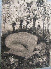 Jacques Hallez / Gravure / Parmi les fleurs / Signé /  Arches teinté