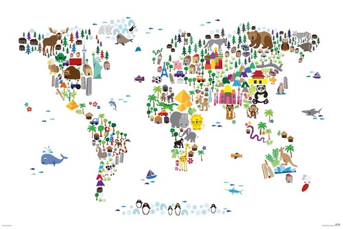Poster carte monde animaux - poster,