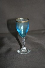 Verre à liqueur ancien en cristal côtelé bleu - Bord doré