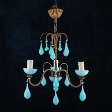Antique Opaline Blue Glass Chandelier Drops 3 Three Lights 1930s French or Italy