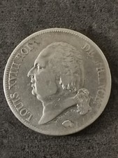 5 FRANCS ARGENT 1823 B ROUEN LOUIS XVIII TETE NUE 393 112 EX.  / FRANCE SILVER