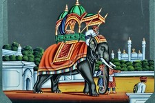 Rare tableau ancien India Company School Mica 19 thc Parade Elephant Maharaja N7