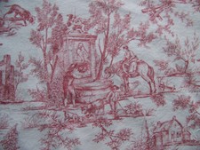 ANCIEN COUPON TISSU STYLE JOUY SCENES ANCIENNES MOTIFS ROUGE FOND BLANC - J 52