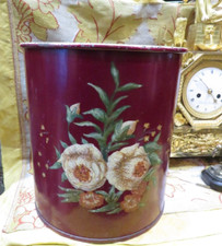 ancienne  corbeille a papier en tole peinte decors floral epoque 1960