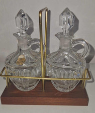 🥂 Duo huilier vinaigrier vintage en cristal taillé – Support laiton et bois – A
