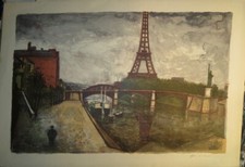 Robert LOTIRON (1886-1966) GRANDE LITHO ESSAI PARIS TOUR EIFFEL QUAIS SEINE 1950