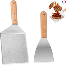 Spatule Barbecue 2 pcs spatule plancha INOX spatule Manche en Bois ustensiles