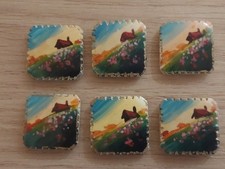 6 ANCIENS BOUTONS CARRES DECOR PAYSAGE