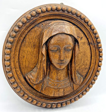 Antique french religious wood sculpture 1900's low relief Mary