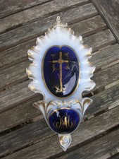 ancien benitier de chevet en porcelaine de valentine bleu de four belle dorure