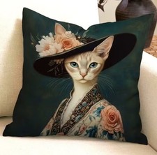 Housse de coussin CHATTE SPHYNX ELEGANTE GRAND CHAPEAU 45 cm Chat humanisé