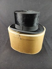 Ancien Chapeau Haut-de-Forme velours de soie taupé + boite LACOSTE - LYON 1900