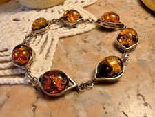 Bracelet ancien ambre inclusions argent 925 poinçon estampille argenté