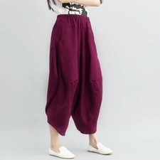 Femmes Coton Mélange Desseré Pantalon Sarouel Ethnique Uni Court Boho