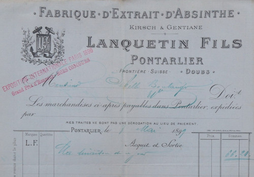 Facture 1894 absinthe - facture,