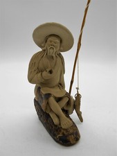 FIGURINE / STATUETTE PERSONNAGE CHINOIS PÊCHEUR EN GRÈS ÉMAILLÉ DE CHINE 