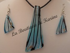 PARURE COLLIER PENDENTIF + BOUCLES D'OREILLES VERRE MURANO BLEU / NOIR C1