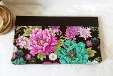 Porte chéquier / cartes artisanal tissu japonais de coton fleuri rose turquoise