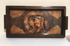 plateau ancien en bois verre sculpter main vintage